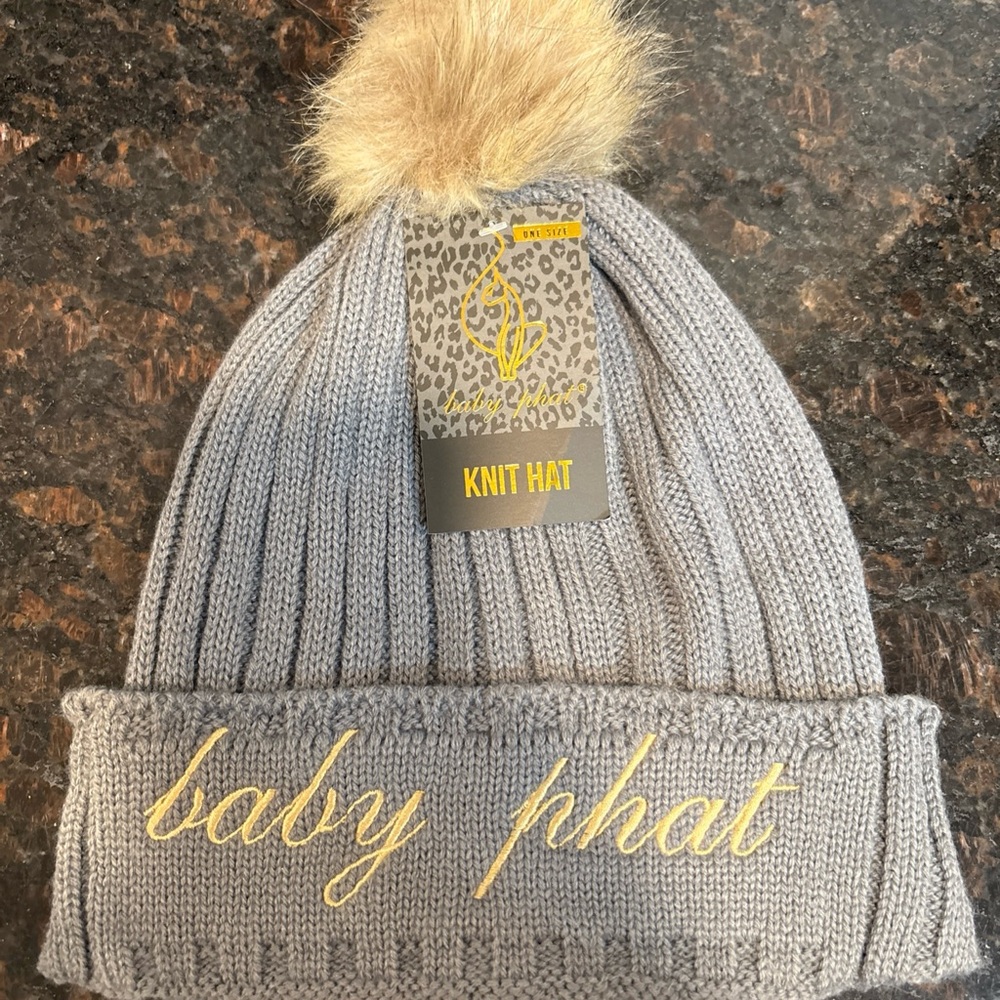 Baby Phat Gray Knit Hat with Faux Fur Pom vintage NWT